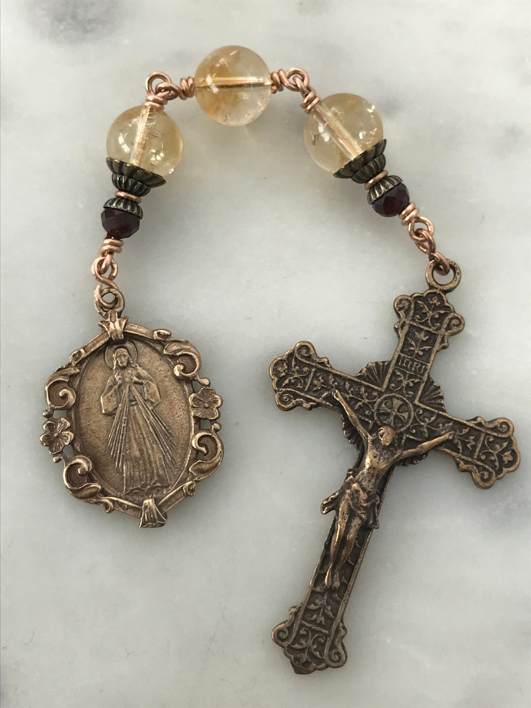 Three Hail Mary Chaplet - Divine Mercy - Citrine and Bronze CeCeAgnes