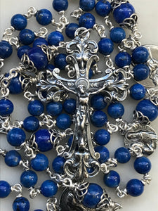 Sterling Silver AAA Lapis Lazuli Gemstone Rosary - Antique Reproduction Medals - Virgo Maria CeCeAgnes