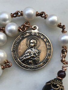 Pocket Rosary - Saint Maria Goretti and Agnes - Garnet and Pearl Tenner - Bronze - Confirmation - Single Decade Rosary CeCeAgnes