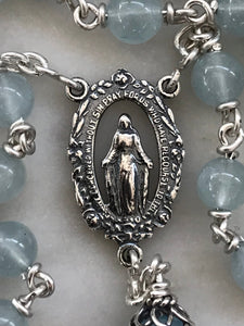 Aquamarine Rosary - Sterling Silver - Miraculous Medal Center - Budded Lilies Crucifix CeCeAgnes