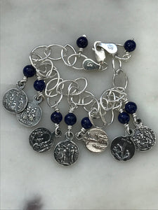 Beautiful Seven Sorrows Rosary Charm Bracelet - Sterling Silver Chain - Antique Reproduction Medals - Lapis Gemstones CeCeAgnes