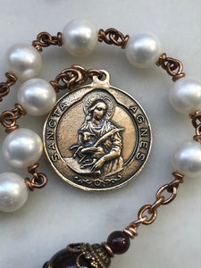 Pocket Rosary - Saint Maria Goretti and Agnes - Garnet and Pearl Tenner - Bronze - Confirmation - Single Decade Rosary CeCeAgnes