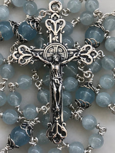 Aquamarine Rosary - Sterling Silver - Miraculous Medal Center - Budded Lilies Crucifix CeCeAgnes
