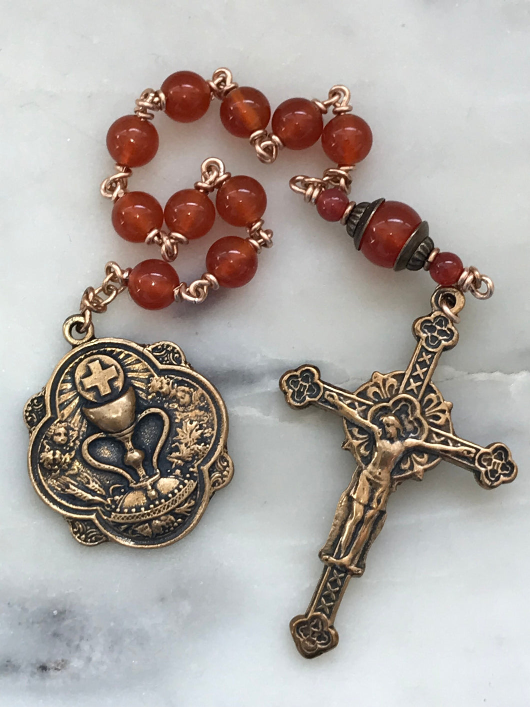 Orange Pocket Rosary - First Communion Tenner - Carnelian and Bronze - Single Decade Rosary CeCeAgnes