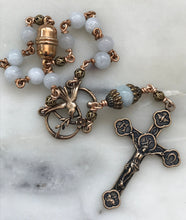 Load image into Gallery viewer, Confirmation Auto Rosary - Holy Spirit -Trinity - Aquamarine - Bronze Medals - Rear View Mirror Rosary CeCeAgnes
