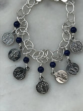 Load image into Gallery viewer, Beautiful Seven Sorrows Rosary Charm Bracelet - Sterling Silver Chain - Antique Reproduction Medals - Lapis Gemstones CeCeAgnes
