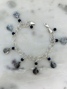 Beautiful Seven Sorrows Rosary Charm Bracelet - Sterling Silver Chain - Antique Reproduction Medals - Lapis Gemstones CeCeAgnes