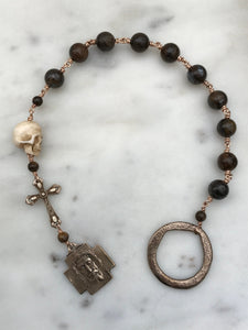 Memento Mori Rosary - Bronzite and Ox Bone - Bronze - Wire-wrapped Tenner CeCeAgnes