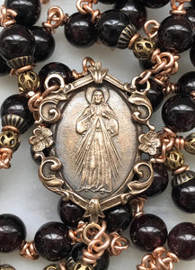 Divine Mercy Chaplet Rosary - Red Wine Garnet Gemstones and Bronze CeCeAgnes