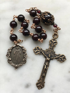 Divine Mercy Chaplet Pocket Rosary - Garnet Gemstones and Bronze - Lilies Crucifix - Single Decade Rosary CeCeAgnes