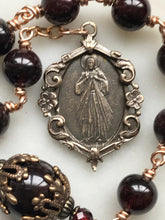 Load image into Gallery viewer, Divine Mercy Chaplet Pocket Rosary - Garnet Gemstones and Bronze - Lilies Crucifix - Single Decade Rosary CeCeAgnes
