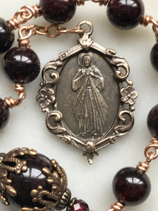 Divine Mercy Chaplet Pocket Rosary - Garnet Gemstones and Bronze - Lilies Crucifix - Single Decade Rosary CeCeAgnes