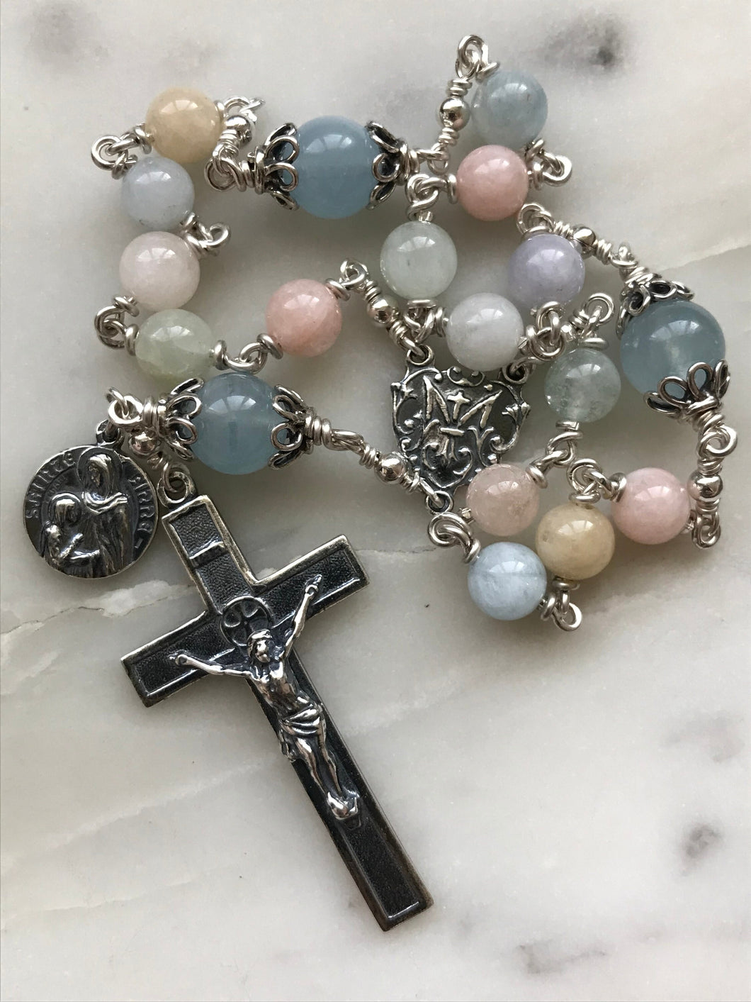Saint Anne Chaplet - Grandmother's Chaplet - Sterling Silver, Morganite Rosary CeCeAgnes