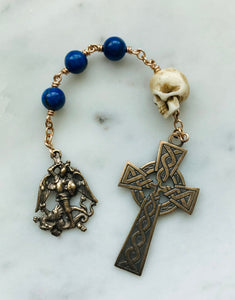 Three Hail Mary Chaplet - Lapis Gemstones and Bronze Medals - Saint Michael -Memento Mori