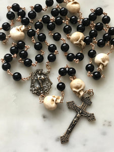 Memento Mori Rosary - Saint Michael- Onyx and Ox Bone Skulls - Bronze - Wire-wrapped - Pardon Crucifix CeCeAgnes