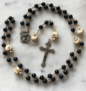 Memento Mori Rosary - Saint Michael- Onyx and Ox Bone Skulls - Bronze - Wire-wrapped - Pardon Crucifix CeCeAgnes