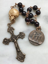 Load image into Gallery viewer, Memento Mori Rosary - Saint Thomas - Garnet and Ox Bone Skull - Bronze - Wire-wrapped Tenner - Passion Crucifix
