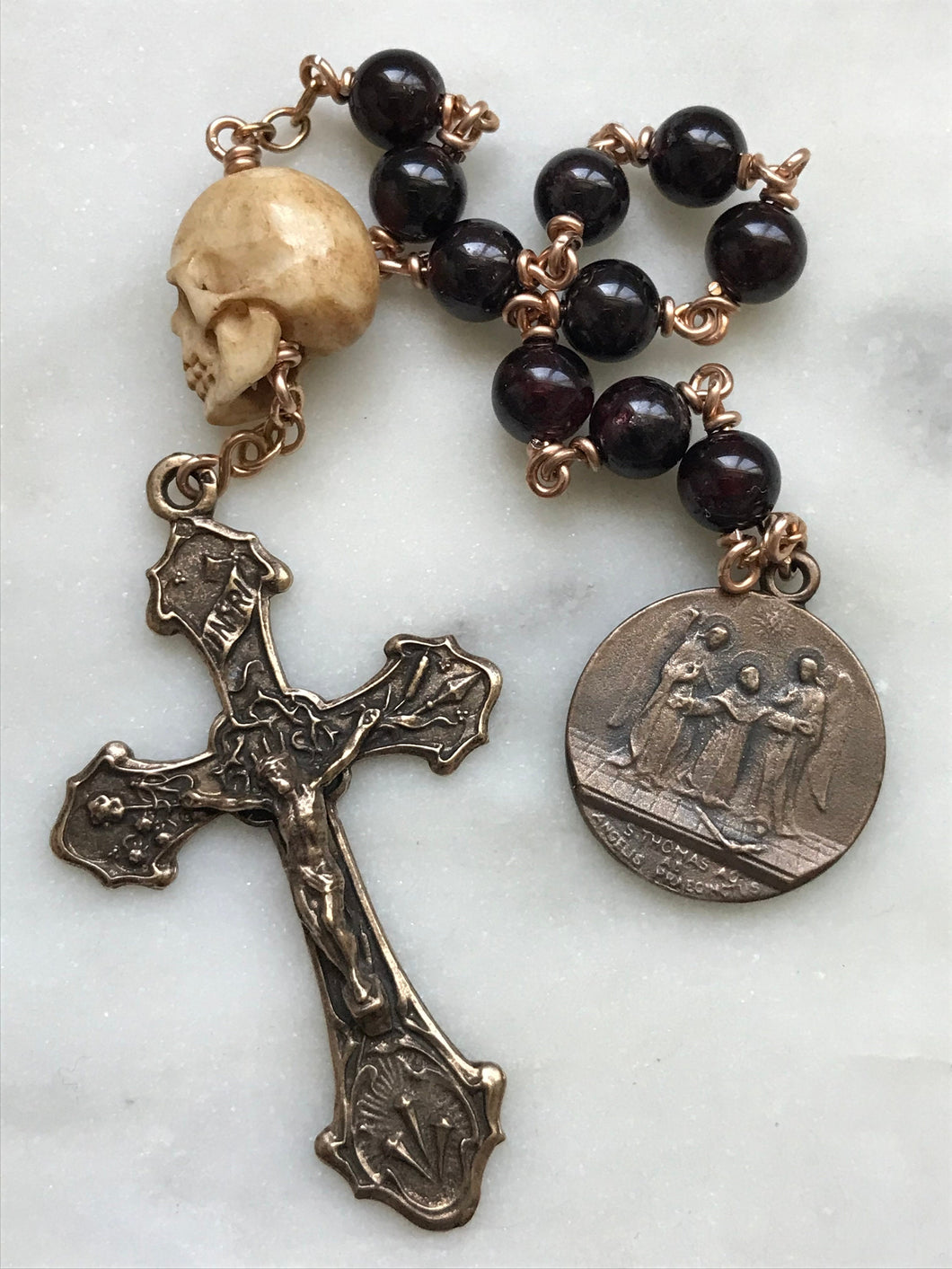 Memento Mori Rosary - Saint Thomas - Garnet and Ox Bone Skull - Bronze - Wire-wrapped Tenner - Passion Crucifix
