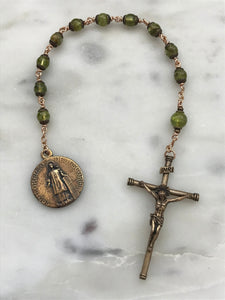 Saint Lawrence Pocket Rosary - Peridot and Bronze - Single Decade Tenner -August - CeCeAgnes
