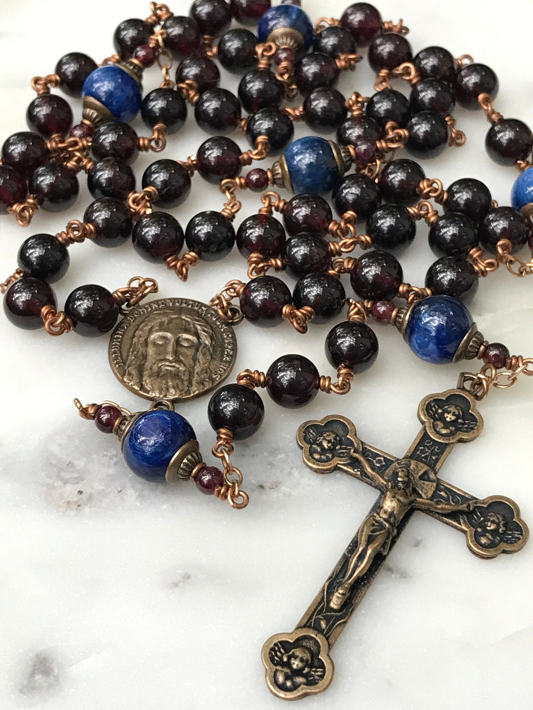 Holy Face of Jesus Rosary - Garnet and Kyanite Gemstones and Solid Bronze - Angels Crucifix CeCeAgnes