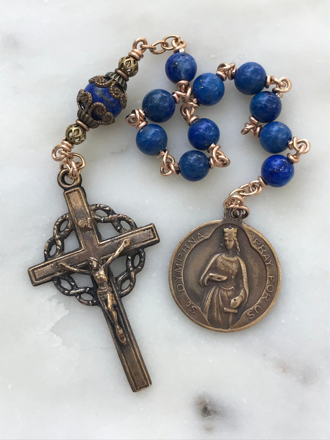 Saint Dymphna Rosary - Lapis and Bronze - One Decade Rosary - Pocket Rosary - Crown of Thorns Crucifix CeCeAgnes