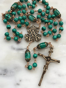Green Malachite Rosary - Bronze - Marian Auspice - Virgin Mary - Spanish Crucifix CeCeAgnes