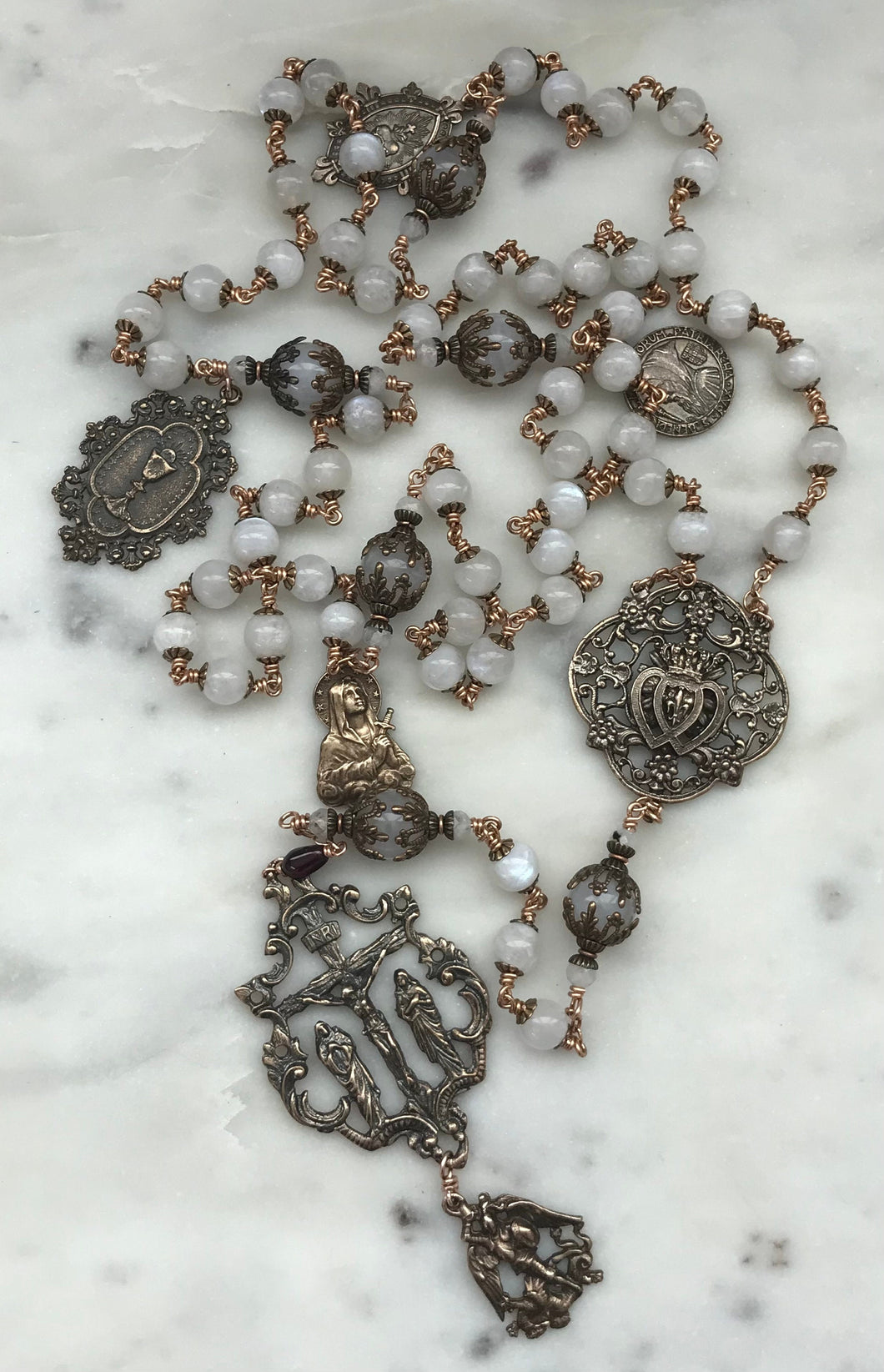White Moonstone and Bronze Rosary - Antique French Reproduction Medals CeCeAgnes